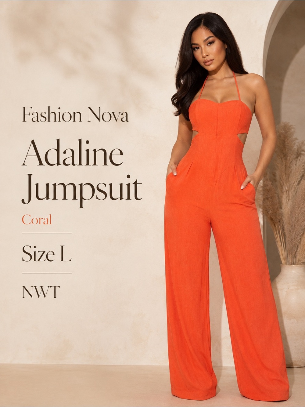 Fashion Nova Adaline Jumpsuit Coral Size L NWT Linen Blend
